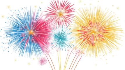 Bright sparkling fireworks in red blue green and yellow colors on transparent background