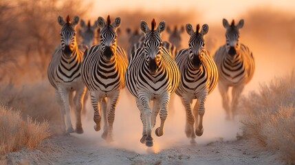 Obraz premium Herd of zebras running directly towards the camera on a dusty track during golden hour with backlighting creating a halo around their manes.