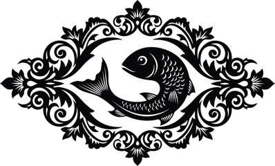 Obraz premium Ornate black and white fish illustration inside a decorative vintage floral frame for tattoo or graphic design.