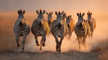 Herd of zebras running directly towards the camera on a dusty track during golden hour with backlighting creating a halo around their manes.