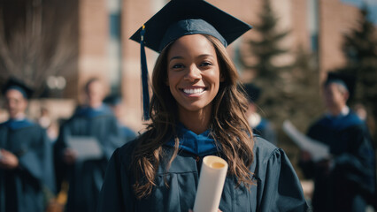 A joyful young adult woman celebrating her graduation outdoors on campus, holding her diploma with a proud smile, symbolizing achievement and future success