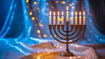 Hanukkah menorah with glowing candles festive celebration background
