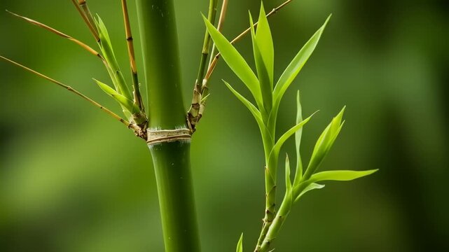 Bamboo Stems with Green Leaves Closeup.