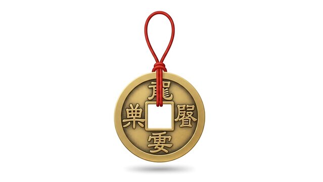 Golden coin with chinese characters and red string