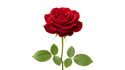 A single red rose blossom with a beautiful petal and green leaf is isolated on a white background as a romantic gift for Valentine's Day