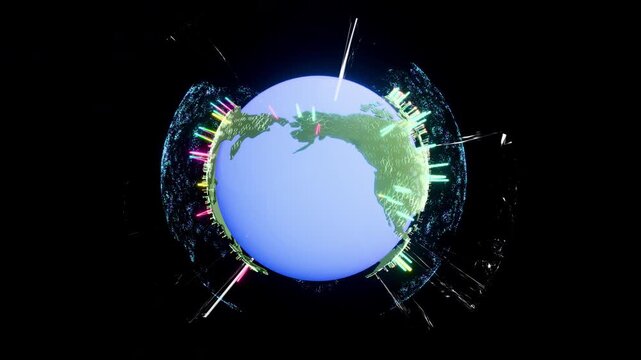 Global quantum internet concept: Massive satellite constellation exchanging rainbow data beams with stylized Earth - High speed communication 3D loop  ProRes 4444 transparent animation.