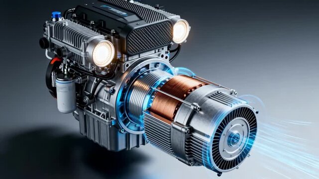 Closeup medium shot of a hybrid electricgas propulsion unit highlighting seamless integration of electric motors with gasoline engines for optimized performance and ecofriendly