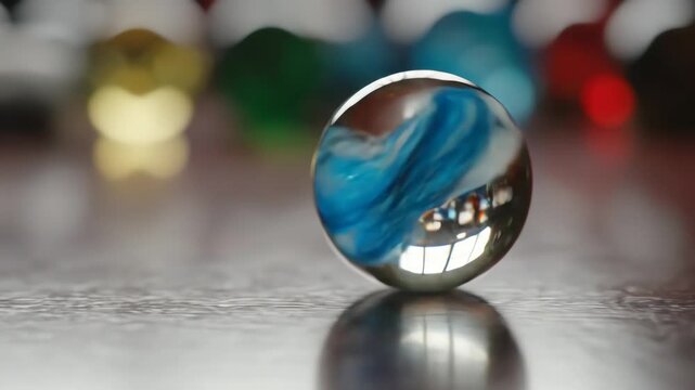 Linear motion &mdash; a marble rolling across a smooth surface, camera tracking millimeter by millimeter, reflections dancing across its surface as friction whispers against its path