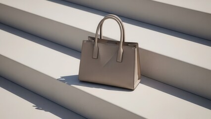 A stylish beige leather handbag with structured design resting on modern concrete stairs in natural light.