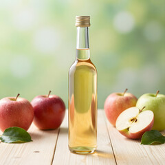 Natural Apple Vinegar Bottle with Fresh Apples on Wooden Table
