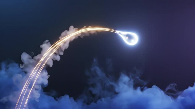 Projectile motion &mdash; a glowing droplet launched across a parabolic path, camera following from below as it arcs through illuminated mist, trajectory lines drawn faintly in golden light 