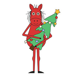 Funny vector 2026 Zodiac animal with christmas tree. Cute humor red horse with spruce isolated transparent background. Fun kids art nursery poster and children t-shirt print. Editable stroke. EPS 10