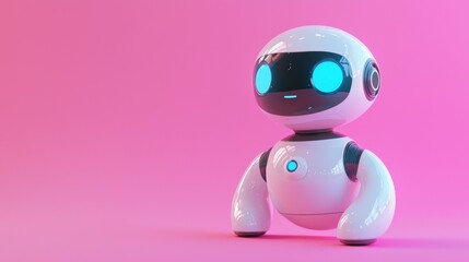 Obraz premium Cute and friendly robot character on a vibrant pink background, showcasing a futuristic design and bright blue eyes