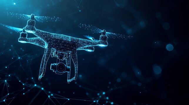 A detailed 3D rendering of a futuristic drone outlined in light particles flying against a dark background.