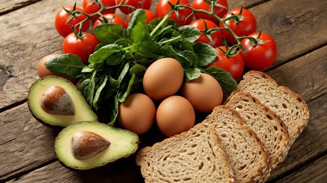 Fresh healthy food ingredients on rustic wooden table
