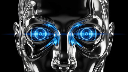 Y2K Style Metallic Gynoid Head in Close up view with Distorted Liquid, Neon Blue Pupil in the EYe Looking forward, Dark Atmosphere