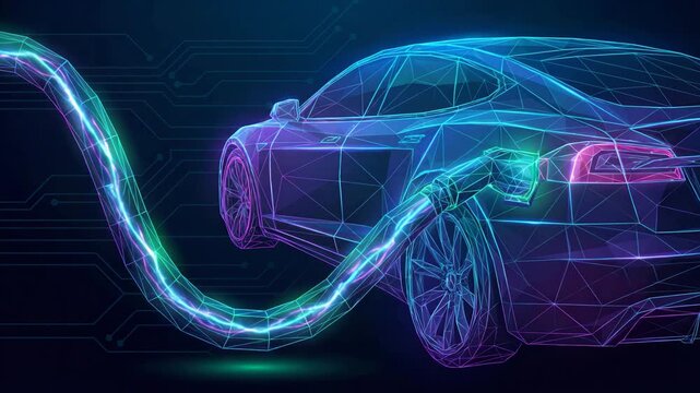 Electric Car Charging Low Poly Wireframe Design With Neon Glow Cable On Digital Circuit Background. Video