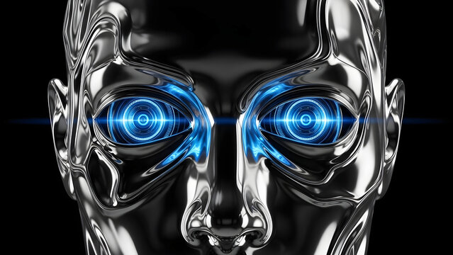 Y2K Style Metallic Gynoid Head in Close up view with Distorted Liquid, Neon Blue Pupil in the EYe Looking forward, Dark Atmosphere