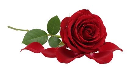 A single beautiful red rose blossom with a green leaf and bud is isolated on a white background, symbolizing love, passion, and romance as a perfect floral gift for Valentine&rsquo;s Day