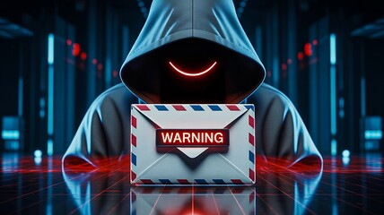 Hooded hacker holding warning message in dark data center
