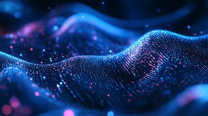 A digital abstract wave pattern with glowing particles and vibrant neon lights in a dark futuristic setting