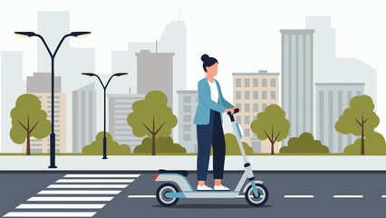 A vector illustration of a person riding an electric scooter through a city street with buildings and trees in the background © DOLARRIZ JHON