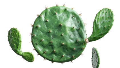 Flat prickly pear cactus pads with spines, vibrant green on black background