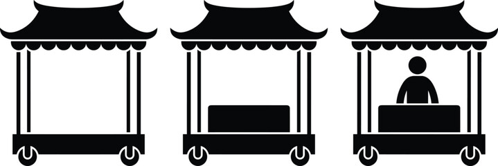 Street food cart silhouettes set, traditional vendor stalls with canopy, mobile kiosk icons, market booth illustration, black flat vector design © MD SAKIL
