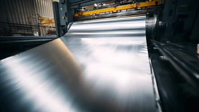 Medium shot of cold rolling aluminum sheets showcasing smooth polished surfaces with high precision under advanced machinery.