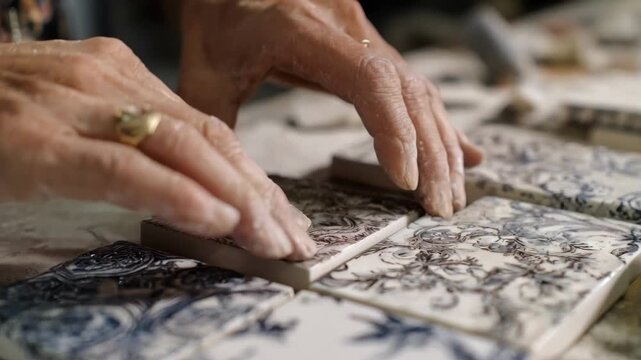 Hands delicately applying digitally printed decals to ceramic tiles emphasizing the craftsmanship involved in creating custom decorative surfaces for interiors.