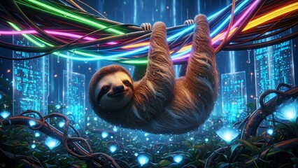 Sloth Hanging from a Bundle of Colorful Cables in a High-Tech Data Center