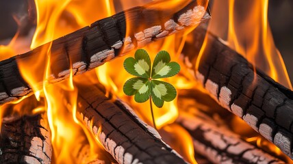 Burning firewood with green leaf environmental contrast concept
