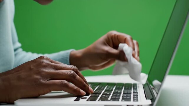 Woman's hands meticulously cleaning a laptop keyboard with a sanitizing wipe on a green background.