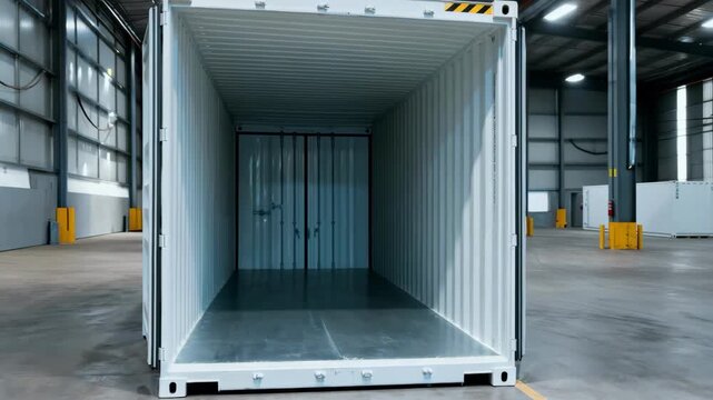 Medium shot of singular refrigerated shipping container with open door revealing clean interior suitable for perishable goods storage during events or construction projects.
