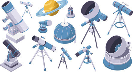 Isometric astronomy equipment illustration set with telescopes observatory domes satellite dish and planet space science concept © MdAhasan