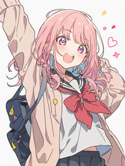 元気に手を振るピンク髪の女子学生　明るくポップなアニメイラスト
