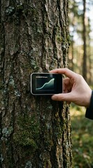 carbon dioxide sustainability monitoring concept. Measuring tree data with a device in a forest setting.