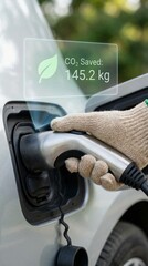 carbon dioxide sustainability monitoring concept. Electric vehicle charging with CO2 savings displayed.