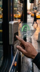 carbon dioxide sustainability monitoring concept. Person touching a bus stop button with urban background.
