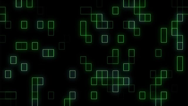 abstract background with dark green binary code animation, futuristic technology glowing neon grid pattern animated video, abstract green background with squares lines on dark black digital backdrop