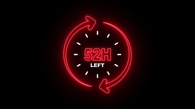 Neon Countdown Timer with 52 Hours Left on Black Background, Time Pressure and Urgent Countdown Concept