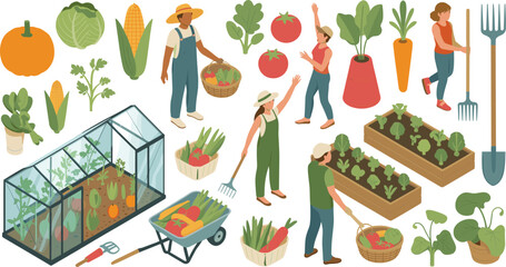 Isometric community gardening illustration with people greenhouse vegetables tools and harvest healthy lifestyle urban farming concept design
