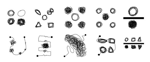 Hand-drawn abstract scribble set featuring tangled lines, geometric shapes, and chaotic paths symbolizing complex problem-solving, cognitive processes, and transitions.