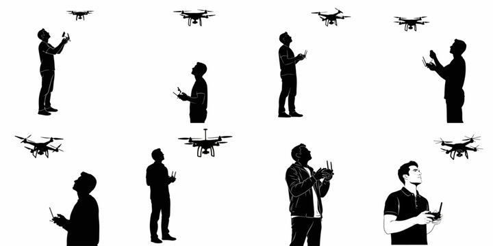 Collection of drone operator silhouettes controlling flying quadcopters, illustrating modern technology, remote piloting, and aerial photography.
