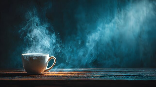 White coffee cup steaming hot on a dark wooden table with dramatic lighting and steam swirls visible against a dark blue background setting.