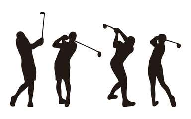 Set of four professional golf swing silhouettes showing different poses of a golfer in action. Clean black vector shapes ideal for sports coaching, tournament posters, and golf club branding.