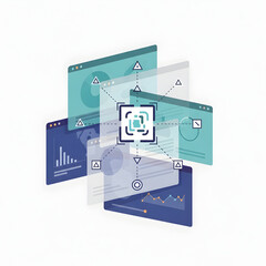 Overlapping Digital Screens with Icons and Graphics.