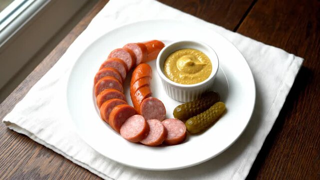 Sausage Slices with Mustard and Pickles on White Plate