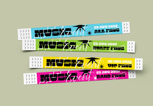 Colorful Music Event Wristband Pass Set with Bold Typography and Modern Festival Branding Design