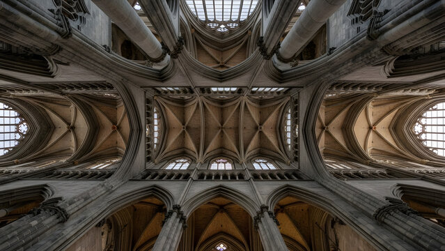 Low angle view of massive Gothic cathedral vaulted ceiling structure | Intricate architectural details of historic European church interior vaults | Symmetrical rib vaulting and flying buttresses